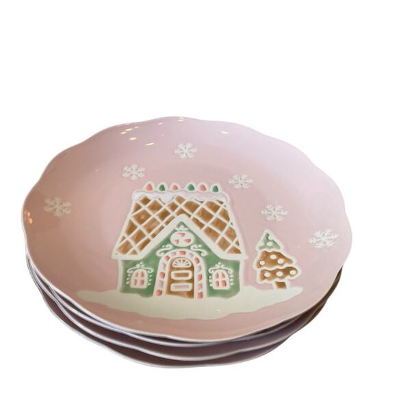 4 Eli + Ana PINK GINGERBREAD HOUSE Dinner Plates 10.5in Ceramic Pinkmas NEW - Picture 6 of 12